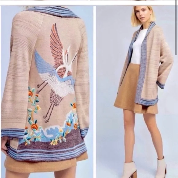 Anthropologie Crane Embroidered Loose Cardigan - Picture 7 of 8
